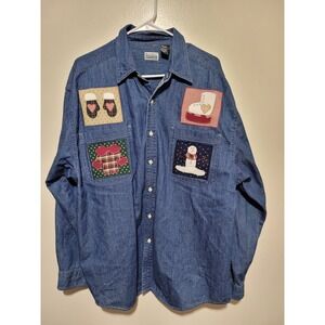 Basic Editions Denim Shirt Women L Blue Winter Snowman Patchwork L/S